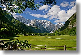 clouds, europe, fences, floors, horizontal, leaves, logarska dolina, mountains, scenics, slovenia, snowcaps, valley, photograph