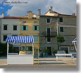 blues, buildings, europe, horizontal, kiosks, pirano, slovenia, striped, photograph