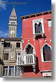 bell towers, buildings, colorful, europe, pirano, renaissance, slovenia, venetian, vertical, photograph