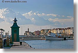 boats, clouds, europe, harbor, horizontal, pirano, sidewalks, slovenia, water, photograph
