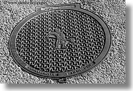 black and white, europe, horizontal, manhole covers, manholes, piran, pirano, slovenia, photograph