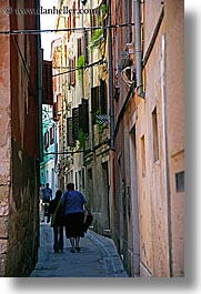 alleys, cobblestones, europe, narrow streets, people, pirano, slovenia, vertical, walk, walking, photograph