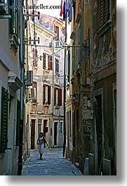 alleys, cobblestones, europe, narrow streets, people, pirano, slovenia, vertical, walk, walking, windows, womens, photograph