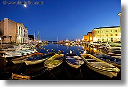 boats, churches, cityscapes, europe, harbor, horizontal, long exposure, moon, nite, pirano, slovenia, photograph