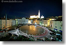 bell towers, churches, cityscapes, europe, horizontal, long exposure, motion blur, nite, piazza, pirano, slovenia, photograph