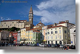 bell towers, cityscapes, clouds, europe, horizontal, piazza, pirano, slovenia, photograph