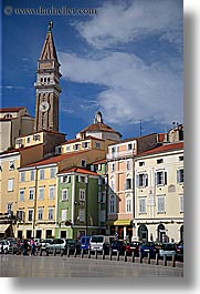 bell towers, cityscapes, clouds, europe, piazza, pirano, slovenia, vertical, photograph
