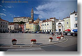bell towers, cityscapes, clouds, europe, flowers, horizontal, piazza, pirano, slovenia, photograph
