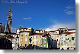 bell towers, europe, horizontal, piazza, pirano, slovenia, statues, photograph