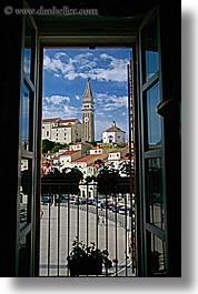 bell towers, cityscapes, clouds, europe, piazza, pirano, shutters, silhouettes, slovenia, vertical, windows, photograph