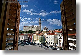 bell towers, cityscapes, clouds, europe, horizontal, piazza, pirano, shutters, slovenia, windows, photograph