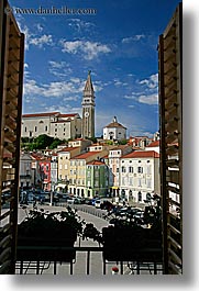 bell towers, cityscapes, clouds, europe, piazza, pirano, shutters, silhouettes, slovenia, vertical, windows, photograph
