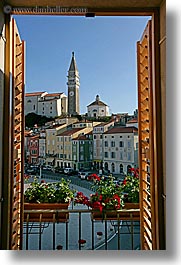 bell towers, europe, flowers, piazza, pirano, shutters, slovenia, vertical, windows, photograph