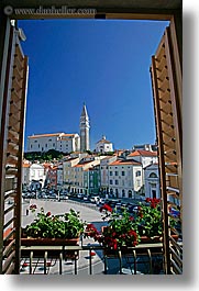 bell towers, europe, flowers, piazza, pirano, shutters, slovenia, vertical, windows, photograph