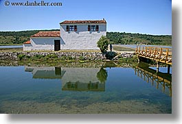 bridge, europe, horizontal, houses, pirano, reflections, salt, salt flats, slovenia, workers, photograph