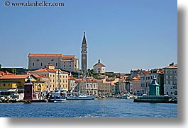 bell towers, boats, churches, cities, cityscapes, europe, horizontal, piran, pirano, ports, shoreline, slovenia, views, water, photograph