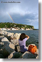 clouds, europe, over, piran, pirano, rainbow, shoreline, slovenia, vertical, water, photograph