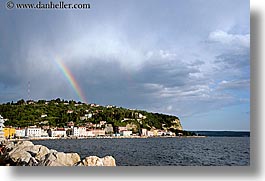 clouds, europe, horizontal, over, piran, pirano, rainbow, shoreline, slovenia, water, photograph