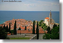bell towers, churches, cities, cityscapes, europe, horizontal, ocean, piran, pirano, slovenia, town view, water, photograph