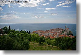 cities, cityscapes, distant, europe, horizontal, ocean, piran, pirano, slovenia, town view, views, water, photograph