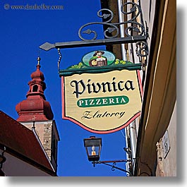 bell towers, europe, pivnica, pizzeria, ptuj, signs, slovenia, square format, photograph