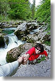 europe, forests, helping, ingrid, lush, rivers, rushing, slovenia, triglavski narodni park, vertical, waterfalls, womens, photograph