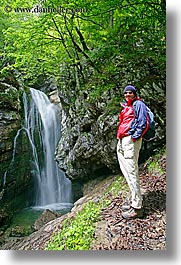 europe, hikers, lush, men, slovenia, triglavski narodni park, vertical, watching, waterfalls, photograph