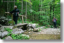 bob, bridge, couples, europe, forests, groups, hikers, hiking, horizontal, lush, marilyn, men, slovenia, stream, trees, womens, photograph