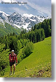 europe, glaize, groups, hikers, hiking, jacks, mary, men, mountains, scenics, slovenia, snowcaps, trees, uphill, vertical, photograph
