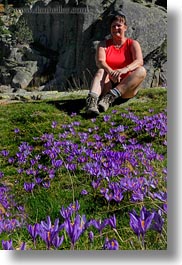 aiguestortes hike, crocus, diane, emotions, europe, flowers, happy, nature, people, senior citizen, smiles, spain, vertical, womens, photograph