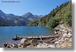 aiguestortes hike, europe, horizontal, lakes, logs, mountains, nature, rocks, spain, photograph