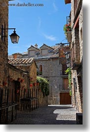 ainsa, europe, lamps, spain, streets, towns, vertical, photograph