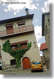 buildings, cars, europe, siresa, spain, tilted, vertical, photograph