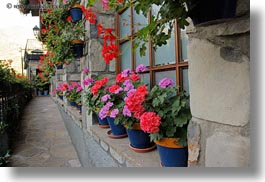 europe, flowers, horizontal, spain, torla, windows, photograph