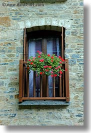 europe, flowers, spain, torla, vertical, windows, photograph