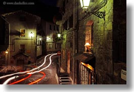 buildings, cars, europe, glow, horizontal, lamp posts, lights, long exposure, nite, spain, torla, photograph