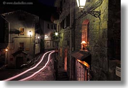 buildings, cars, europe, glow, horizontal, lamp posts, lights, long exposure, nite, spain, torla, photograph