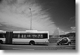 black and white, bus, cars, europe, geneva, horizontal, switzerland, photograph
