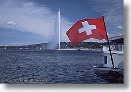 europe, flags, fountains, geneva, horizontal, swiss, switzerland, photograph