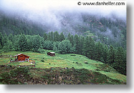 europe, fog, horizontal, houses, switzerland, trees, photograph