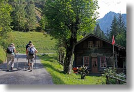 europe, gasterntal valley, hikers, horizontal, kandersteg, switzerland, trees, photograph