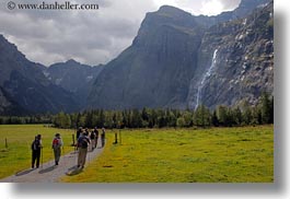 clouds, europe, gasterntal valley, hikers, horizontal, kandersteg, nature, sky, switzerland, waterfalls, photograph