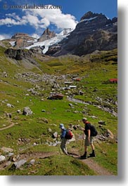 clouds, europe, hikers, hiking, kandersteg, lake oeschinensee, mountains, nature, people, sky, snowcaps, switzerland, vertical, photograph