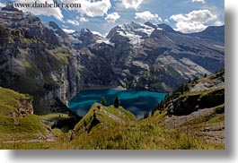 clouds, europe, horizontal, kandersteg, lake oeschinensee, lakes, mountains, nature, oeschinensee, sky, snowcaps, switzerland, photograph