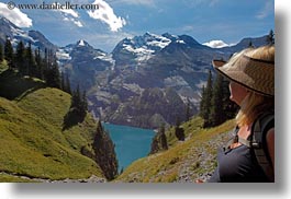 clouds, europe, hikers, horizontal, kandersteg, lake oeschinensee, lakes, mountains, nature, oeschinensee, people, sky, snowcaps, switzerland, womens, photograph