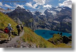 clouds, europe, hikers, horizontal, kandersteg, lake oeschinensee, lakes, mountains, nature, oeschinensee, people, sky, snowcaps, switzerland, photograph