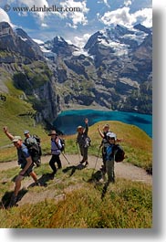 clouds, emotions, europe, happy, hikers, kandersteg, lake oeschinensee, lakes, mountains, nature, oeschinensee, people, sky, smiles, snowcaps, switzerland, vertical, photograph