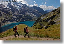 clouds, europe, hikers, horizontal, kandersteg, lake oeschinensee, lakes, mountains, nature, oeschinensee, people, sky, snowcaps, switzerland, photograph