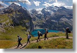 clouds, europe, hikers, horizontal, kandersteg, lake oeschinensee, lakes, mountains, nature, oeschinensee, people, sky, snowcaps, switzerland, photograph