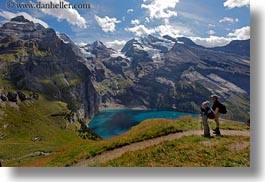 clouds, europe, hikers, horizontal, kandersteg, lake oeschinensee, lakes, mountains, nature, oeschinensee, people, sky, snowcaps, switzerland, photograph